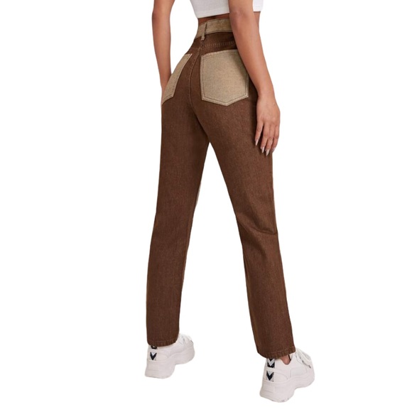 NWT SHEIN Brown Color Block Patch Jeans Size 2 Extra Small - Picture 2 of 9